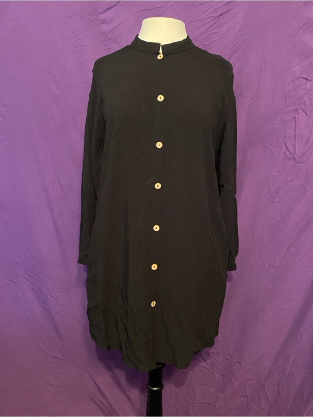 Mandarin Collar Black Long-Sleeve Button-Down Shirt Dress. Size L.
